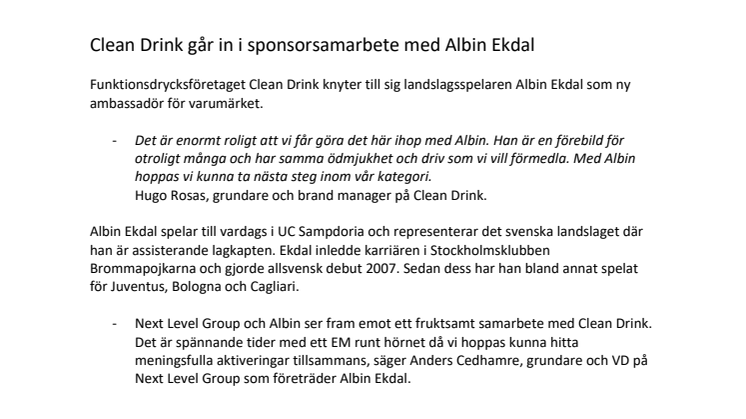 Clean Drink går in i sponsorsamarbete med Albin Ekdal 