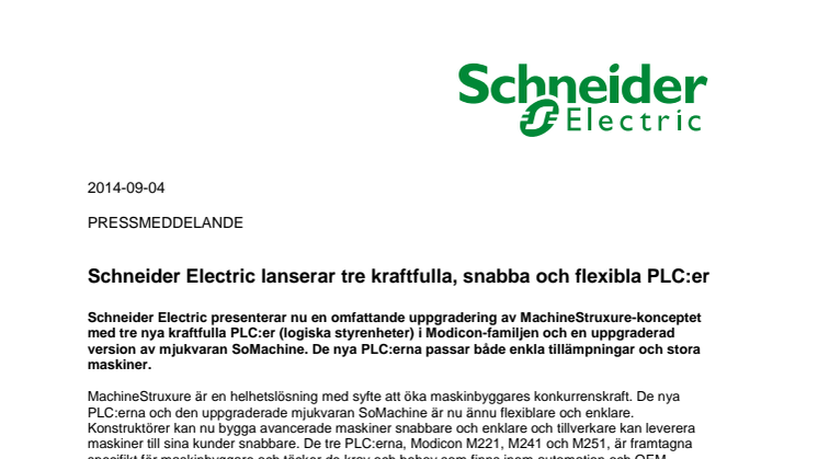 Schneider Electric lanserar tre kraftfulla, snabba och flexibla PLC:er 