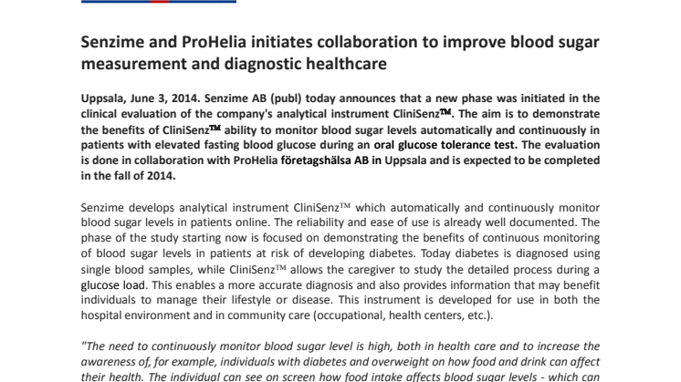 Senzime and ProHelia initiates collaboration to improve blood sugar measurement and diagnostic healthcare