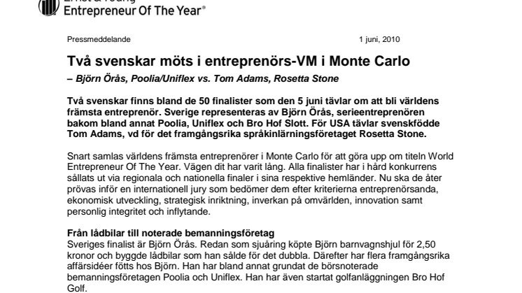  Två svenskar möts i entreprenörs-VM i Monte Carlo