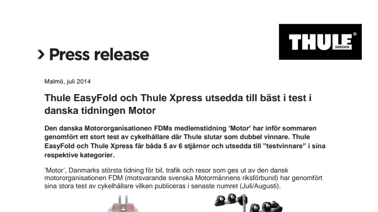 Thule EasyFold och Thule Xpress utsedda till bäst i test i danska tidningen Motor