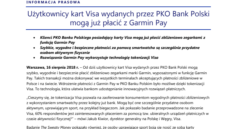 Użytkownicy kart Visa wydanych przez PKO Bank Polski mogą już płacić z Garmin Pay
