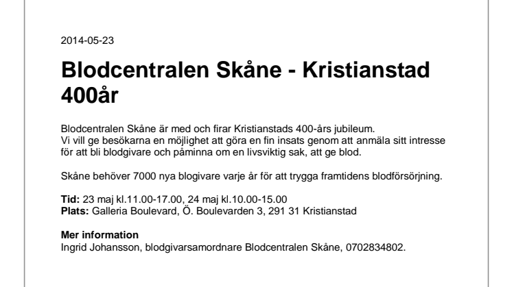 Blodcentralen Skåne - Kristianstad 400år