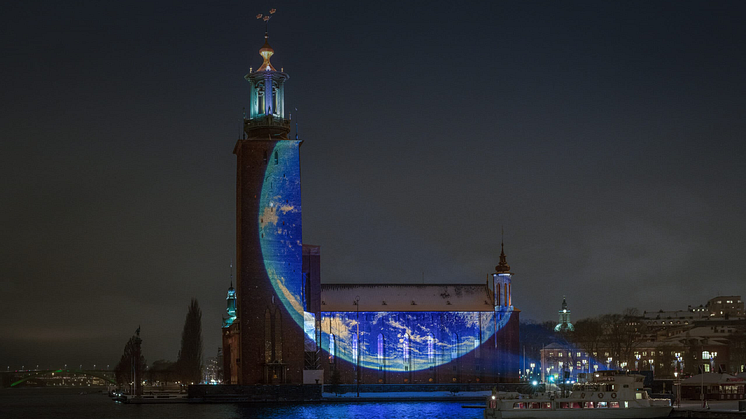 Stockholm City Hall, Nobel Week Lights. Photo: Christan Åslund