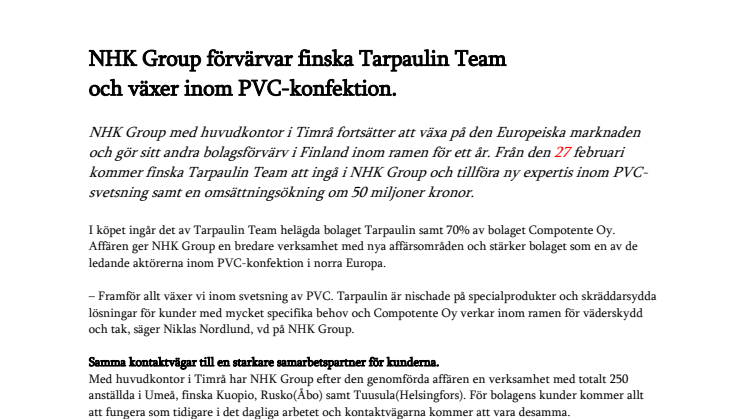 NHK Group förvärvar finska Tarpaulin Team