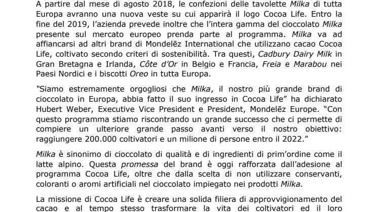 Il cioccolato Milka aderisce al Programma di approvvigionamento sostenibile Cocoa Life