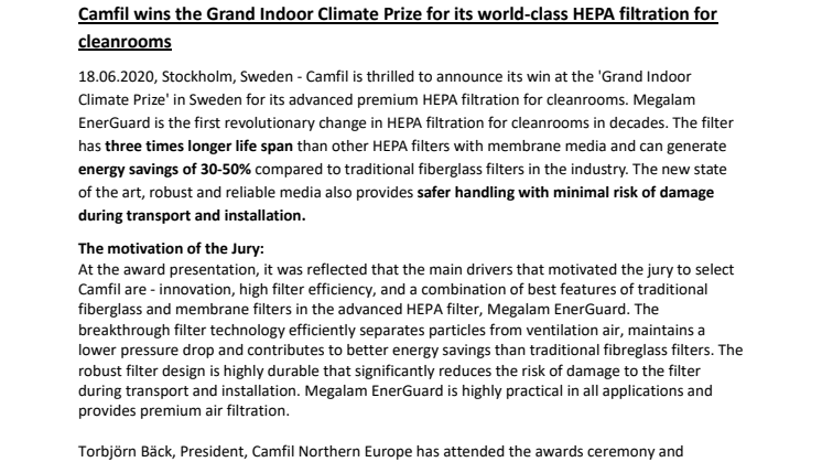 Camfil wins the Grand Indoor Climate Prize for its world-class HEPA filtration for cleanrooms