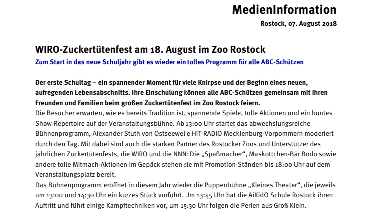 WIRO-Zuckertütenfest am 18. August im Zoo Rostock