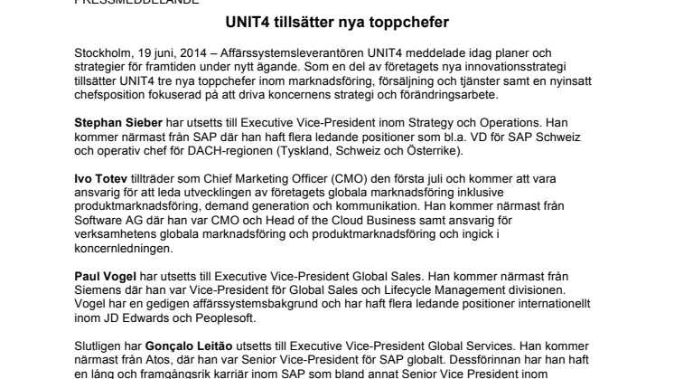 UNIT4 tillsätter nya toppchefer  