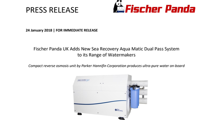 Fischer Panda UK Adds New Sea Recovery Aqua Matic Dual Pass System to its Range of Watermakers