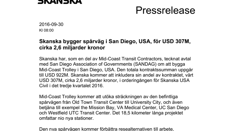 Skanska bygger spårväg i San Diego, USA, för USD 307M, cirka 2,6 miljarder kronor