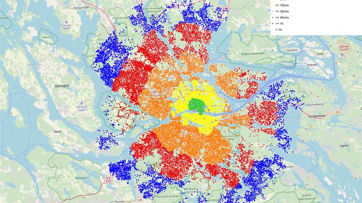Hur långt hinner man cykla? Grön punkt visar på mindre än 5 minuter, gul punkt 15 minuter, orange punkt 30 minuter, röd punkt 45 minuter och blå punkt 1 timme. Bakgrundsbild: open street map.