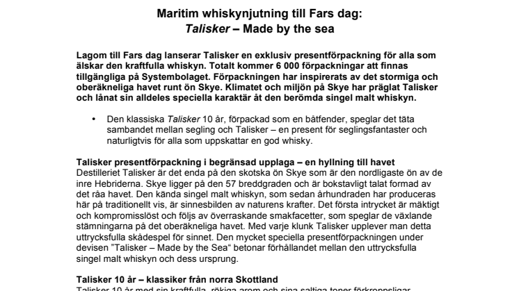 Maritim whiskynjutning till Fars dag: Talisker – Made by the sea