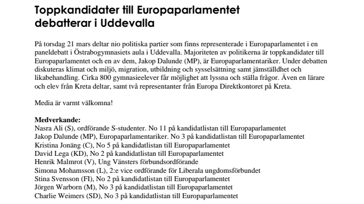 Toppkandidater till Europaparlamentet debatterar i Uddevalla
