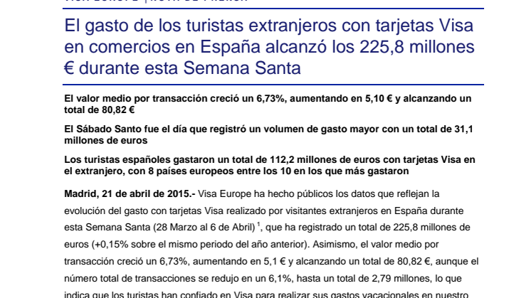 El gasto de los turistas extranjeros con tarjetas Visa en comercios en España alcanzó los 225,8 millones € durante esta Semana Santa