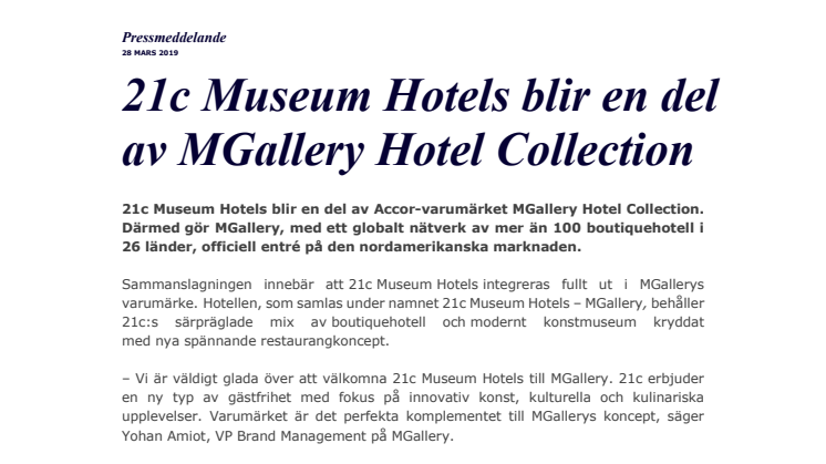 21c Museum Hotels blir en del av MGallery Hotel Collection