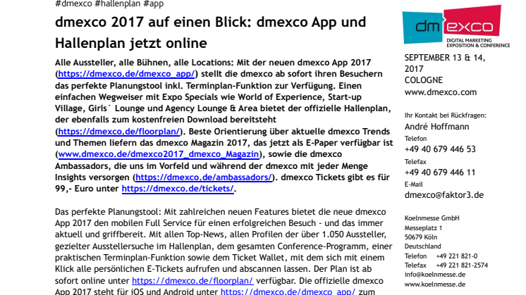 dmexco 2017 auf einen Blick: dmexco App und Hallenplan jetzt online