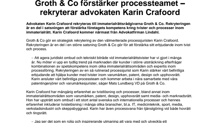 Groth & Co förstärker processteamet – rekryterar advokaten Karin Crafoord