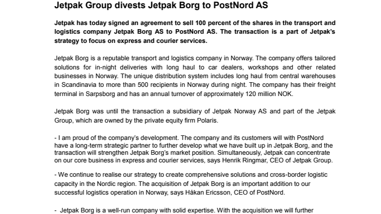Jetpak Group divests Jetpak Borg to PostNord AS