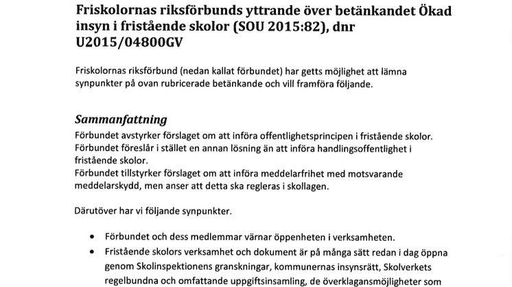 Yttrande över betänkandet Ökad insyn i fristående skolor (SOU 2015:82)