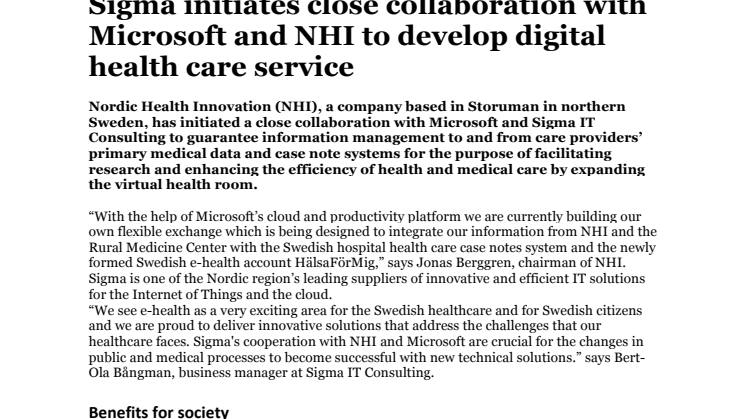 Sigma initiates close collaboration with Microsoft and NHI to develop digital health care service