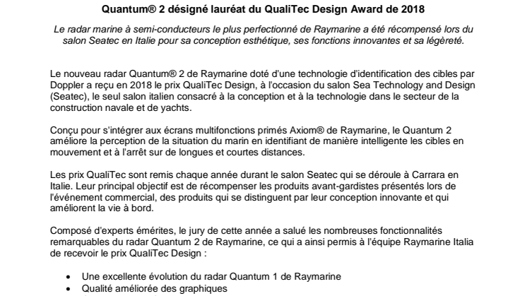 Raymarine: Quantum® 2 désigné lauréat du QualiTec Design Award de 2018 