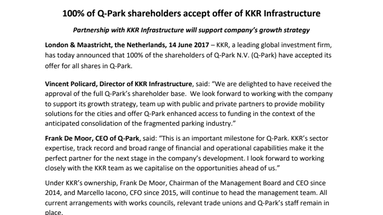 100% of Q-Park shareholders accept offer of KKR Infrastructure