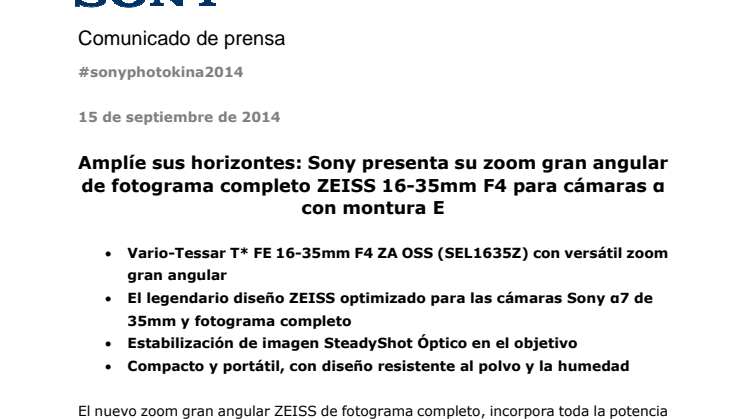 Amplíe sus horizontes: Sony presenta su zoom gran angular de fotograma completo ZEISS 16-35mm F4 para cámaras α con montura E 
