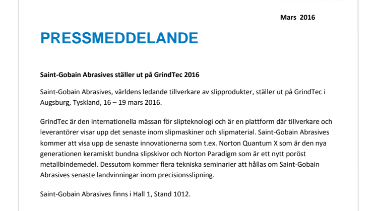 Saint-Gobain Abrasives ställer ut på GrindTec 2016