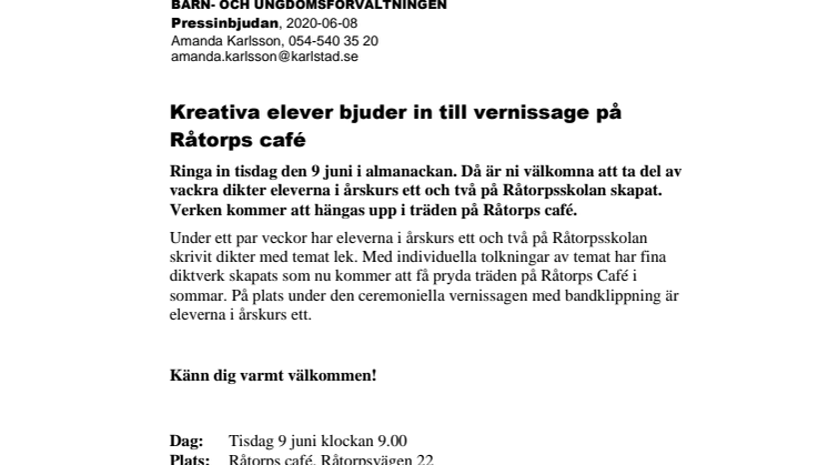 Pressinbjudan: Kreativa elever bjuder in till vernissage på Råtorps café