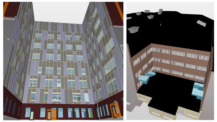 Syntolkning: Två skisser över innergård i sjukhusbyggnad, en ur grodperspektiv och en ur fågelperspektiv.