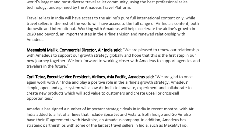 Amadeus og Air India underskriver ny distributionsaftale