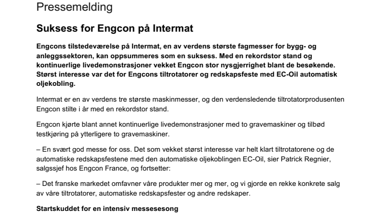 Suksess for Engcon på Intermat