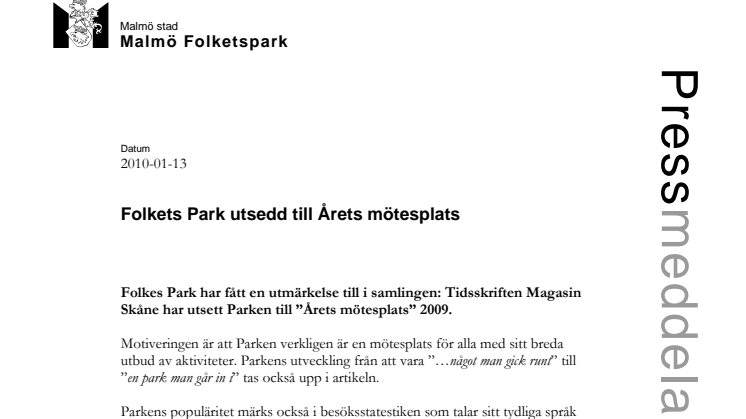 Malmö Folkets Park utsedd till Årets mötesplats