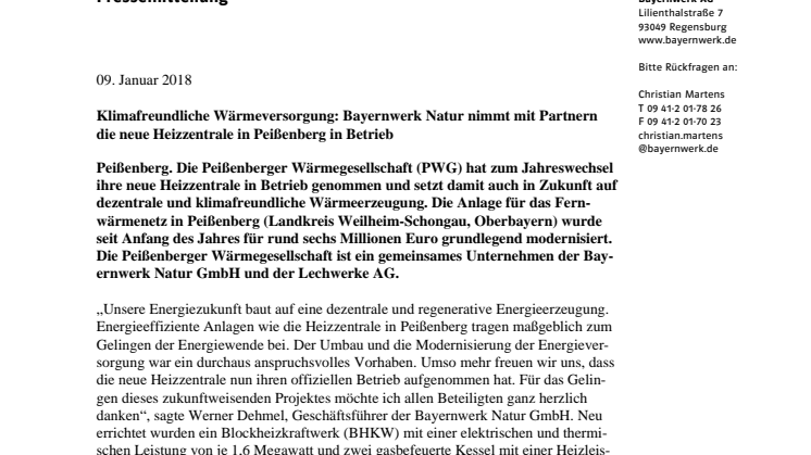 Klimafreundliche Wärmeversorgung: Bayernwerk Natur setzt mit neuer Heizzentrale in Peißenberg auf Energieeffizienz