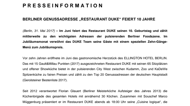 Berliner Genussadresse „Restaurant DUKE“ feiert 10 Jahre