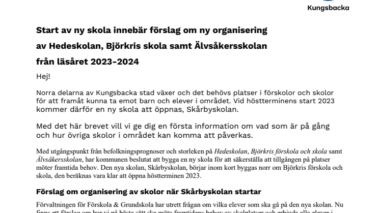 Skårbyskolan innebär ny organisering av skolor i Björkris, Hede och Älvsåker_information till vårdnadshavare