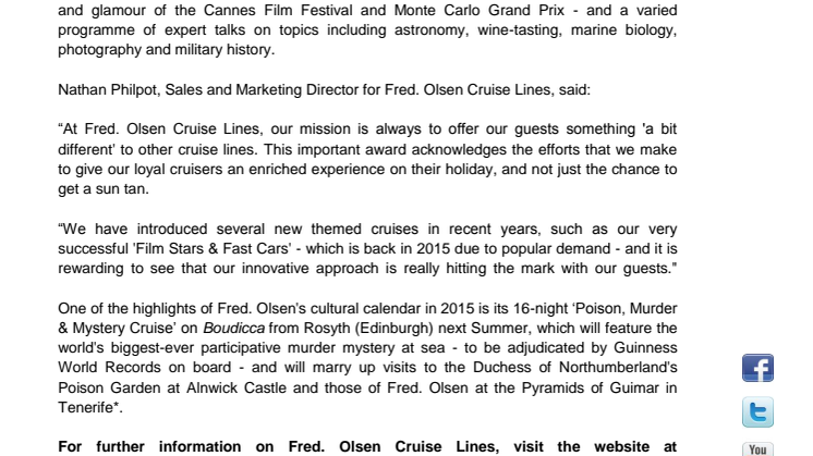 Fred. Olsen Cruise Lines is voted ‘Best for Enrichment’ for the third time in the ‘Cruise International Awards’ 
