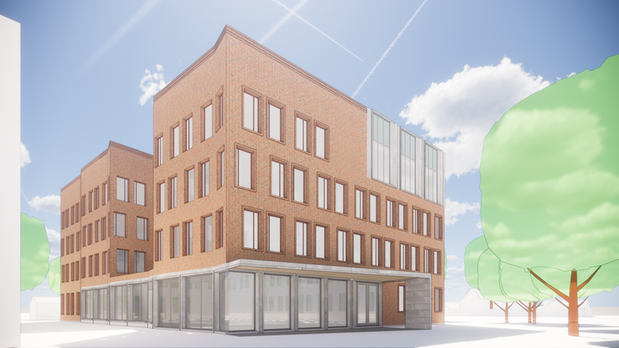 Visionsbild över entrén till Kävlinge kommuns nya Medborgarhus. Illustration: Fojab Arkitekter