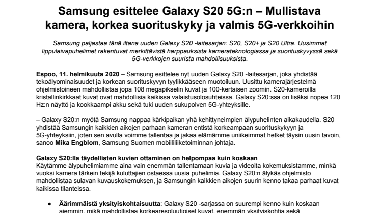 Samsung esittelee Galaxy S20 5G:n – Mullistava kamera, korkea suorituskyky ja valmis 5G-verkkoihin