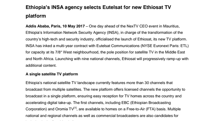 Ethiopia’s INSA agency selects Eutelsat for new Ethiosat TV platform