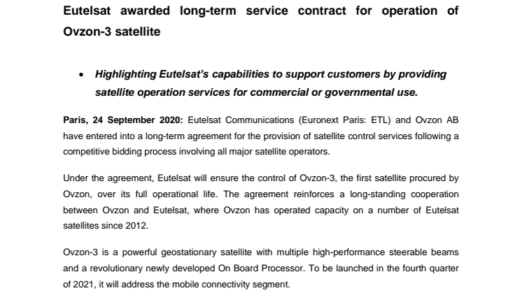 Eutelsat awarded service contract by Ovzon for operation of OVZON-3 satellite 