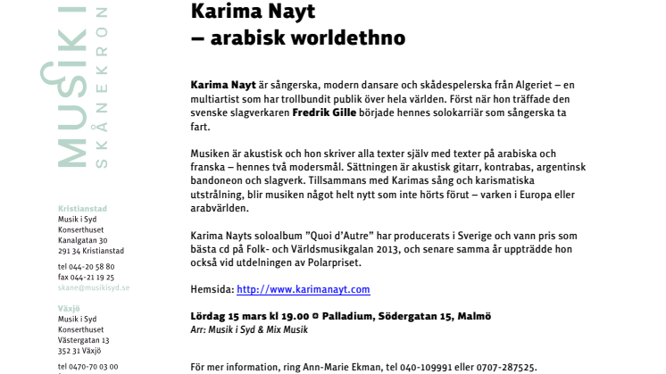 Karima Nayt  – arabisk worldethno – på Palladium i Malmö 15 mars