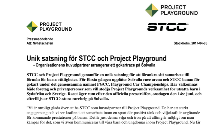 Unik satsning för STCC och Project Playground  - Organisationens huvudpartner arrangerar ett gokartrace på Solvalla