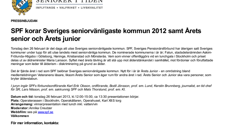 SPF korar Sveriges seniorvänligaste kommun 2012 samt Årets senior och Årets junior