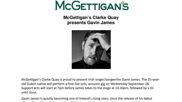 McGettigan’s Clarke Quay presents Gavin James