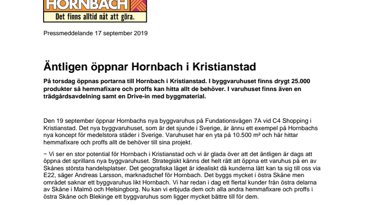 Hornbach öppnar i Kristianstad