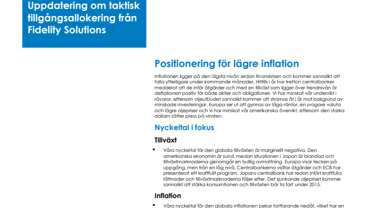 Uppdatering om taktisk tillgångsallokering av Fidelity Solutions januari-februari 2015: Positionering för lägre inflation