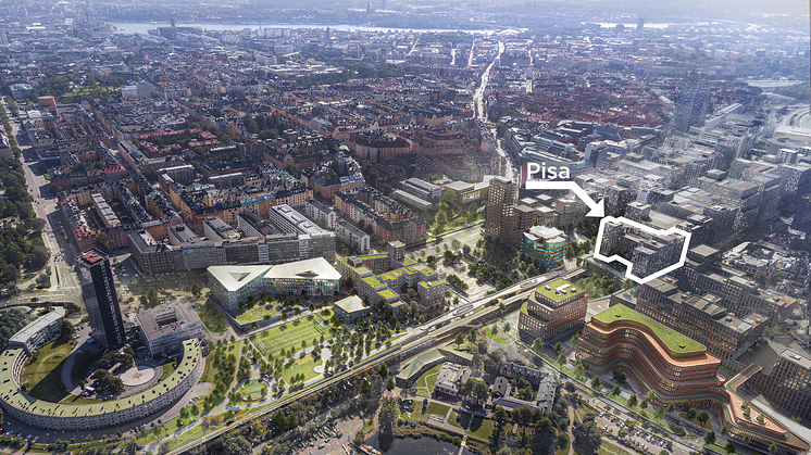 Kvarteret Pisa i Hagastaden kommer vila på Norra länkens norra tunnelmynning. Bild: Stockholms Stad och White arkitekter.