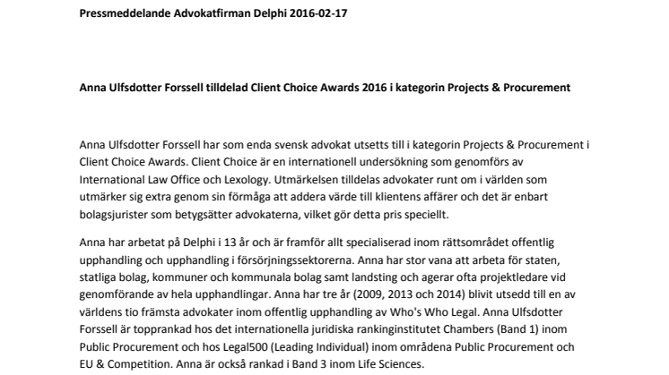 Anna Ulfsdotter Forssell tilldelad Client Choice Awards 2016 i kategorin Projects & Procurement